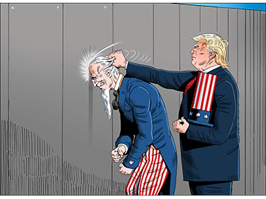 President Donald Trump Beating Uncle Sam's head into a wall
