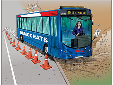 Kamala Harris driving a bus to the left at the top it says White House.
