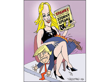 Stormy Daniels spanking Donald Trump with a book