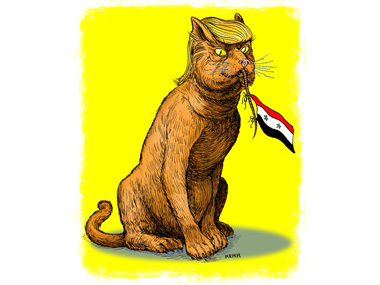 Caricature of Trump as a cat who has caught a rat, on it's tail is the Syrian flag