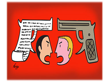 Two men arguing about guns with speech bubbles that look like guns