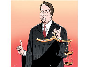 Kavanaugh holding a coat hanger with scales of justice.