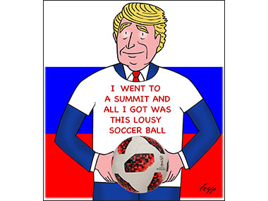 Cartoon Pres. Trump holding soccer ball. 