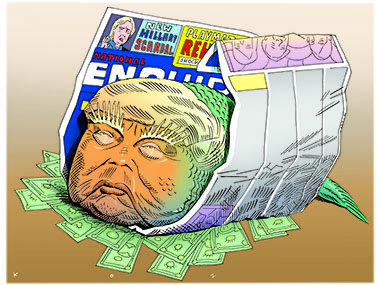 Trump as head of fish wrapped in tabloid newspaper