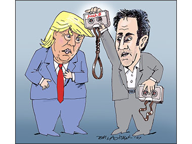 Trump and Cohen looking at a cassette tape fashioned into a noose