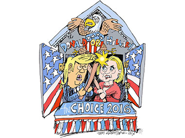Trump and Hillary, punch and judy, GOP vs democrats, election 2016