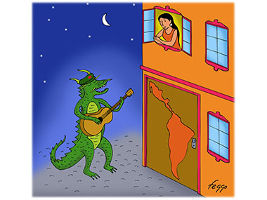 Chinese dragon serenades a woman from latin America