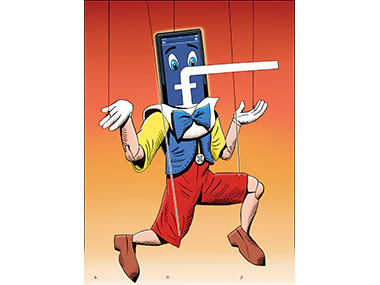 Facebook pinnochio with the letter F becoming his long nose