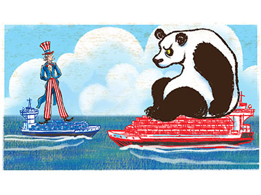 Giant Uncle sam sees an even more gian panda from deck of cargo ship