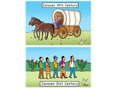 Two panels comparing covered wagons to Migrants