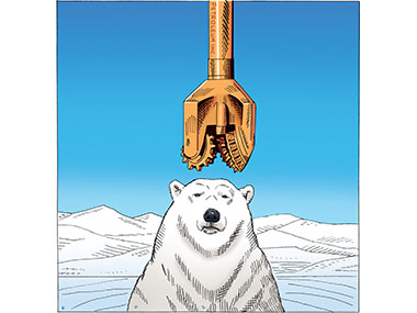 Polar Bear with oil drill bit over head. 