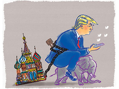 Trump tweeting while riding a small elepant and dragging a building from Russia